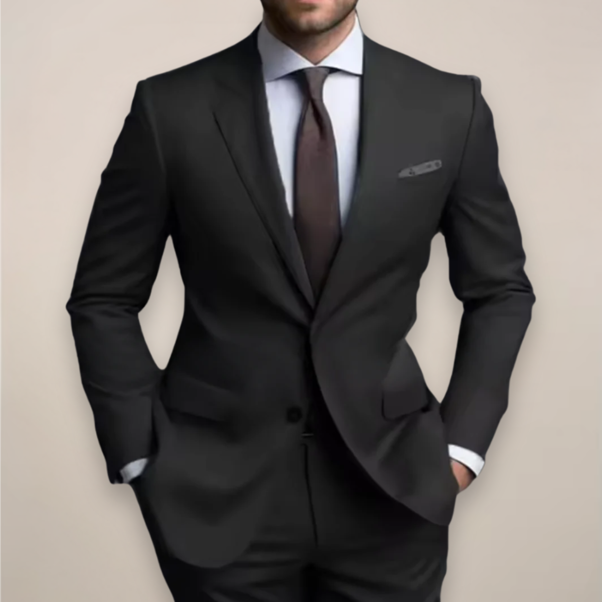 Zweiteiliger Herrenanzug in normaler Passform - Maßgeschneiderter Blazer mit spitzem Revers und passender Hose