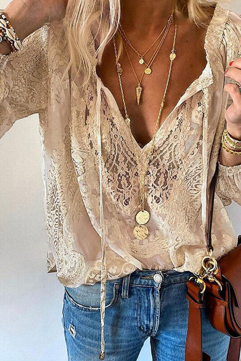 Damenbluse - V-Ausschnitt Spitze - Langarm Luftig Leicht - Eleganter Look