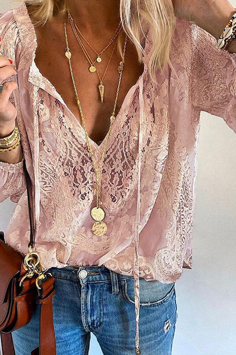 Damenbluse - V-Ausschnitt Spitze - Langarm Luftig Leicht - Eleganter Look