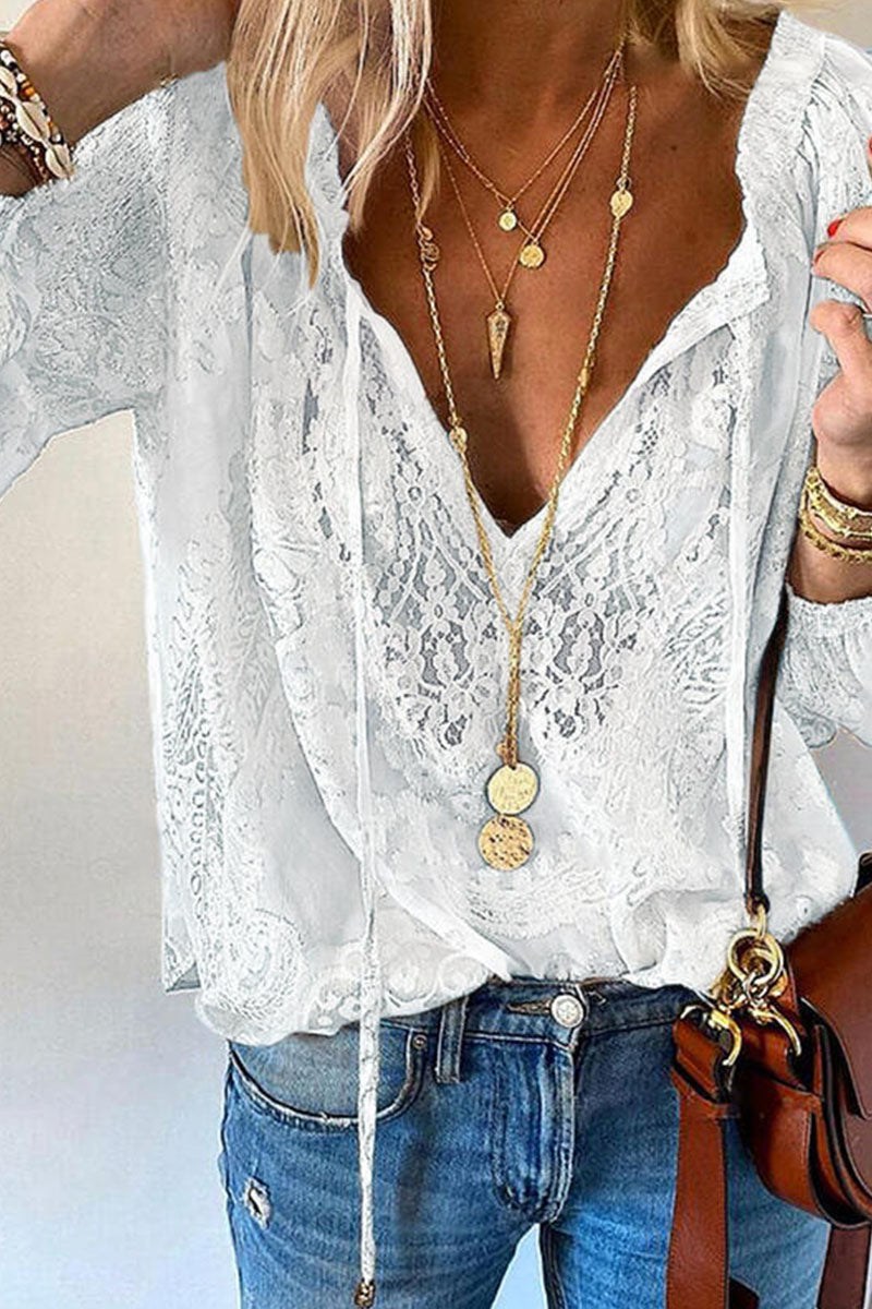 Damenbluse - V-Ausschnitt Spitze - Langarm Luftig Leicht - Eleganter Look