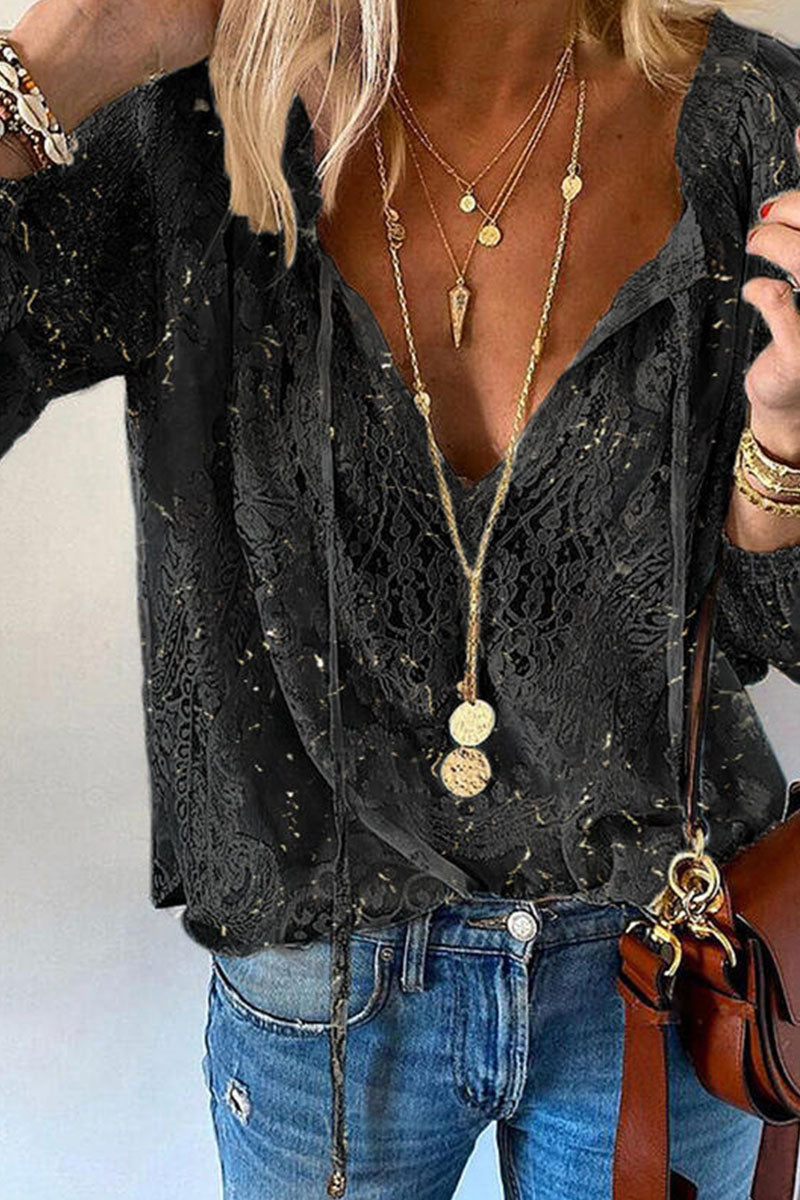 Damenbluse - V-Ausschnitt Spitze - Langarm Luftig Leicht - Eleganter Look