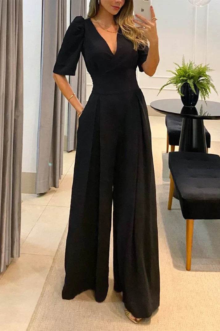 Eleganter Weites Bein V-Ausschnitt Kurzarm Overall Für Damen | Ideal für den Sommer