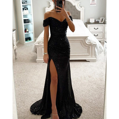 Sommerabendkleid für Frauen - langes, paillettenbesetztes, tief ausgeschnittenes Kleid mit Schlitz für Hochzeit und Party