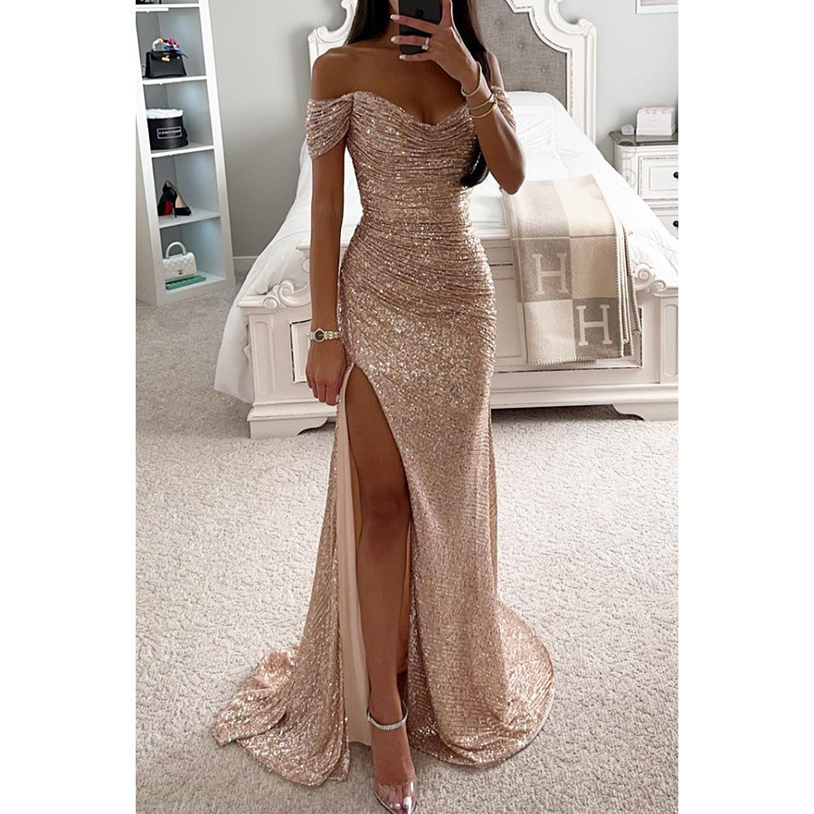 Sommerabendkleid für Frauen - langes, paillettenbesetztes, tief ausgeschnittenes Kleid mit Schlitz für Hochzeit und Party