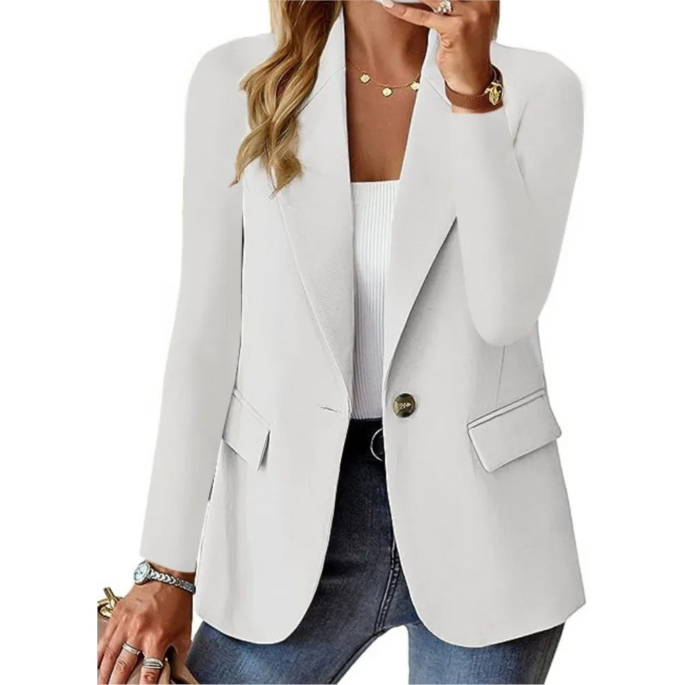 Langärmeliger Damenblazer mit Schnalle und schmaler Tasche