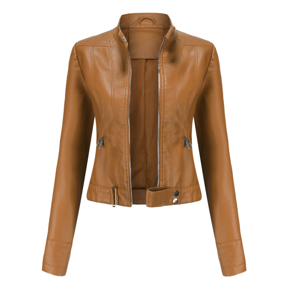 Damen PU Lederjacke mit Reißverschluss, hohem Kragen und Gürtel
