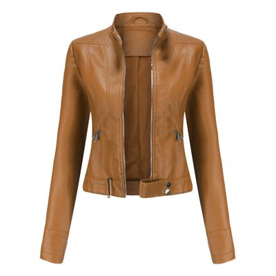 Damen PU Lederjacke mit Reißverschluss, hohem Kragen und Gürtel