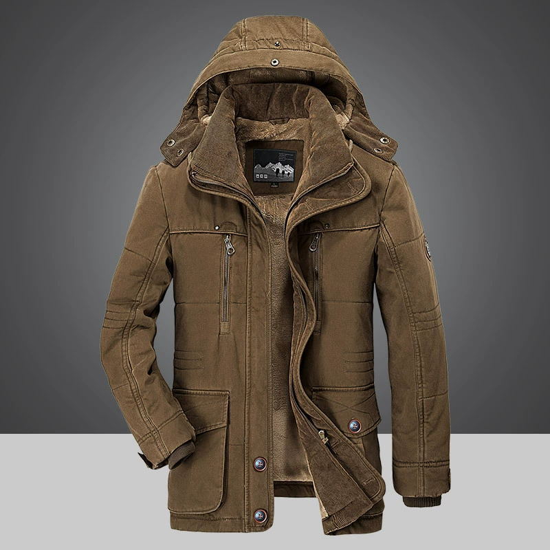Chaqueta de invierno cálida con capucha para hombre, con forro grueso y resistente al viento.