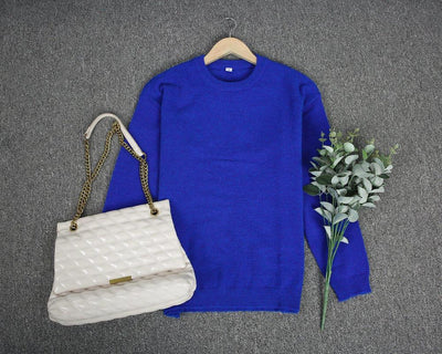 Lässiger blauer Uni-Pullover mit langen Ärmeln und Rundhals