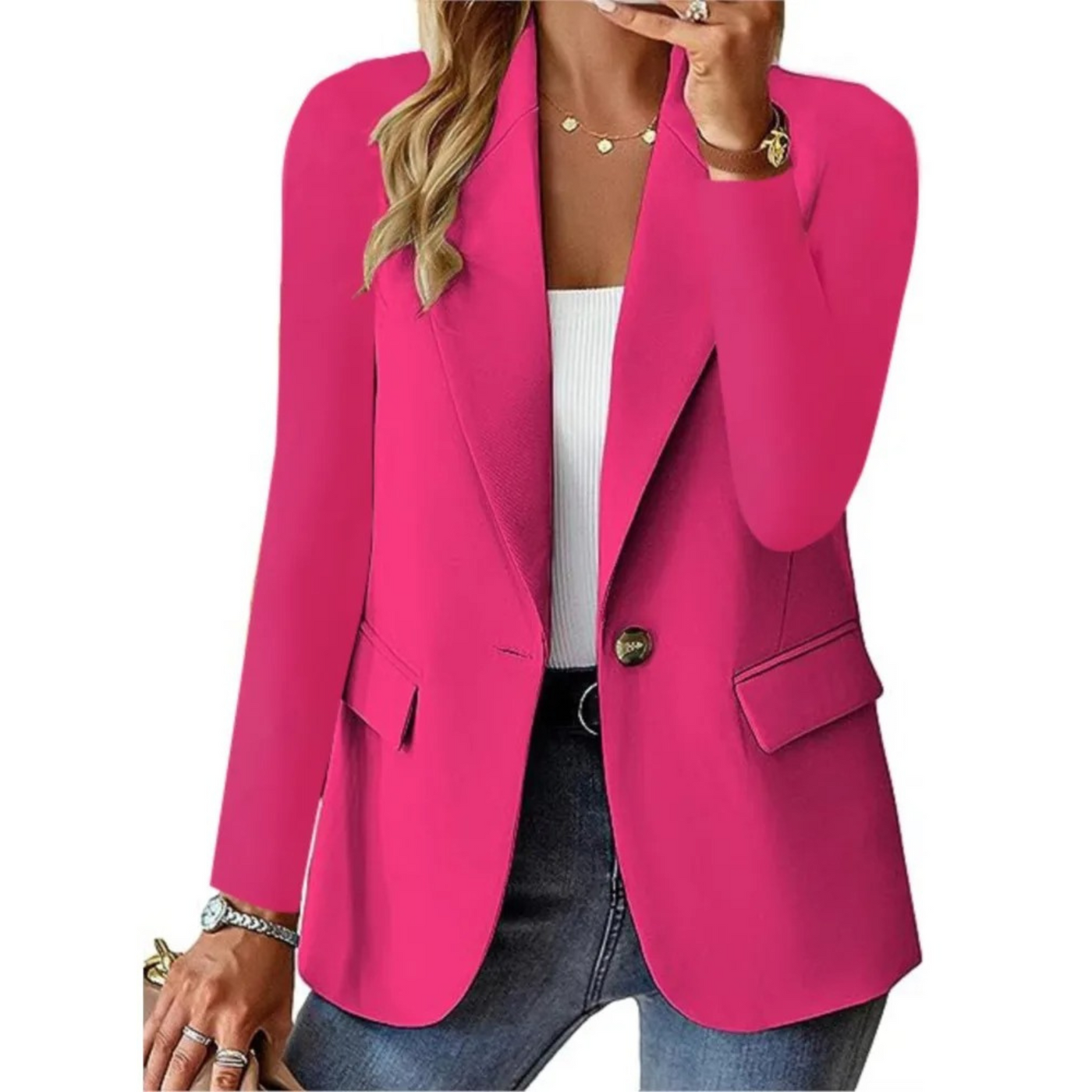 Langärmeliger Damenblazer mit Schnalle und schmaler Tasche
