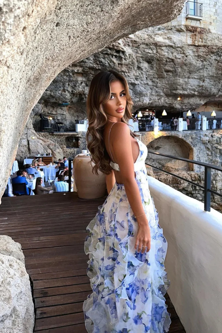 Langes Kleid für Frauen mit Blumenmuster und Volants