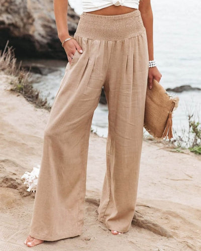 Pantalon Damen aus natürliche Textur Breezeflow elastischer Bund weiter Schnitt Sommer 2025