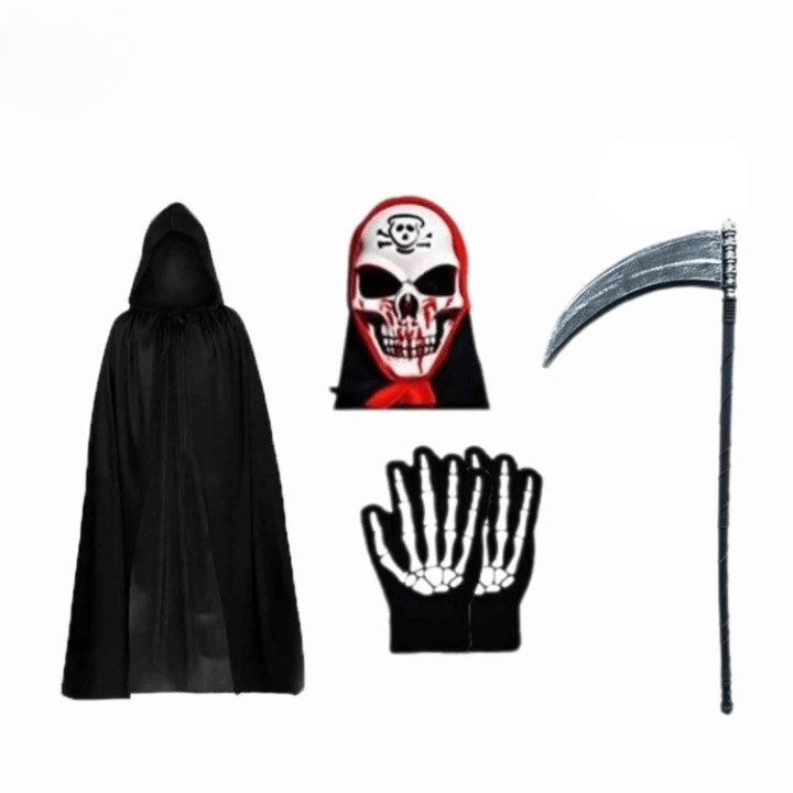 Grimora Set | Zubehör für Halloween-Umhang, Skelettmasken und Sichel