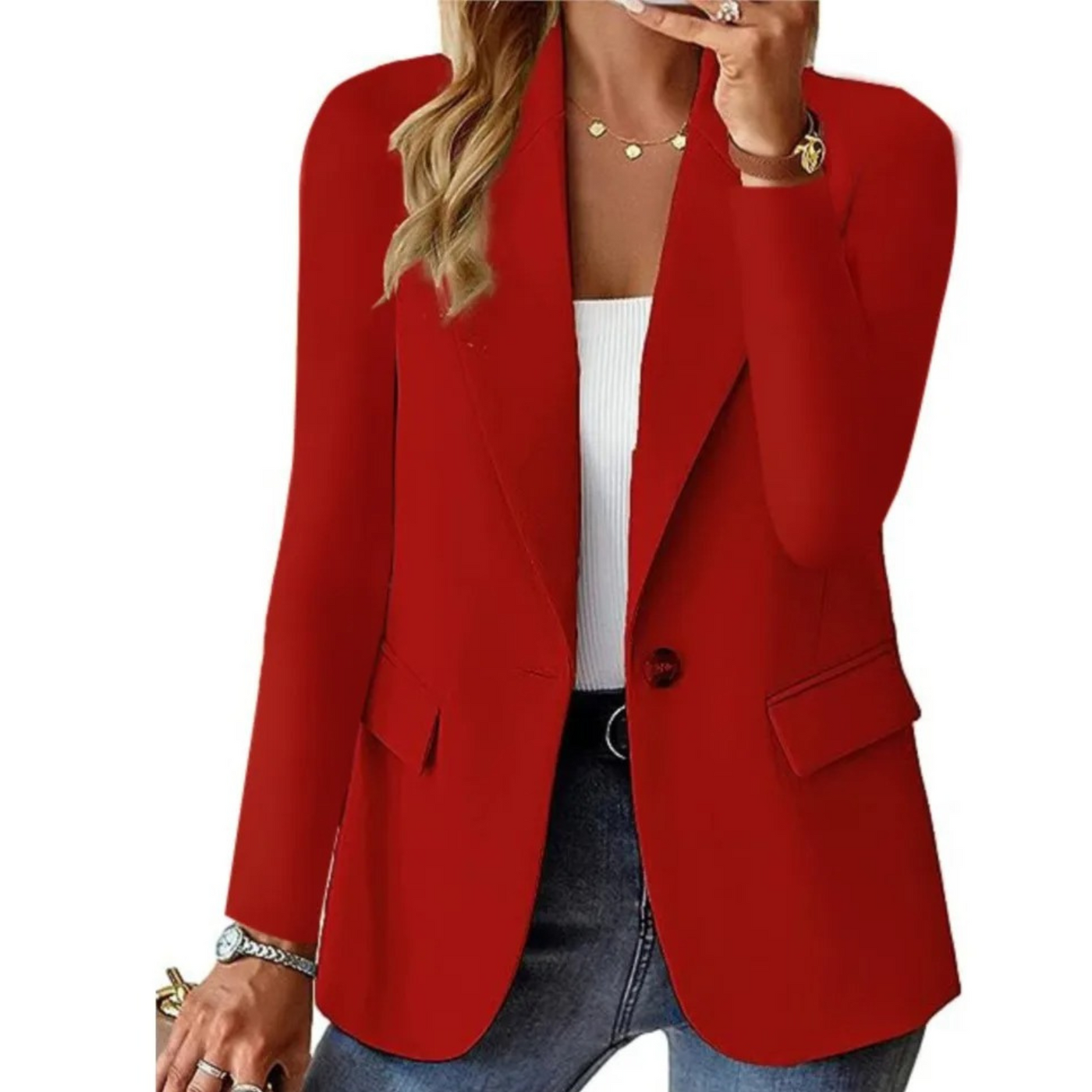 Langärmeliger Damenblazer mit Schnalle und schmaler Tasche