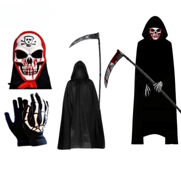 Grimora Set | Zubehör für Halloween-Umhang, Skelettmasken und Sichel
