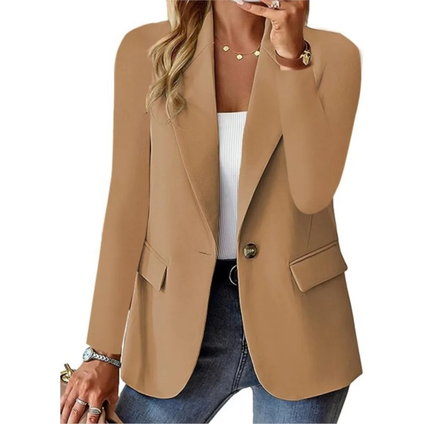 Langärmeliger Damenblazer mit Schnalle und schmaler Tasche