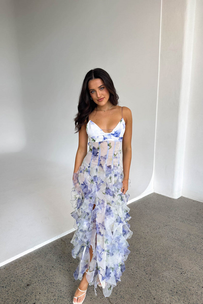 Langes Kleid für Frauen mit Blumenmuster und Volants