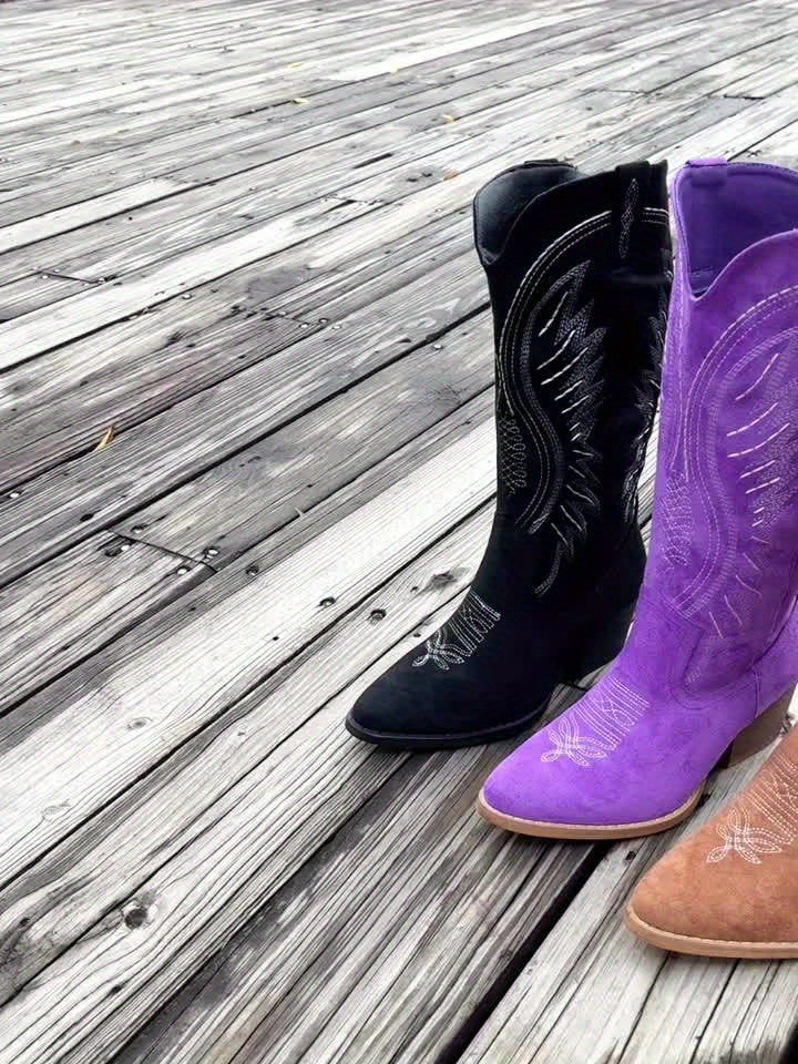 Bestickte Damen-Cowboystiefel mit spitzer Zehe und mittlerem Absatz