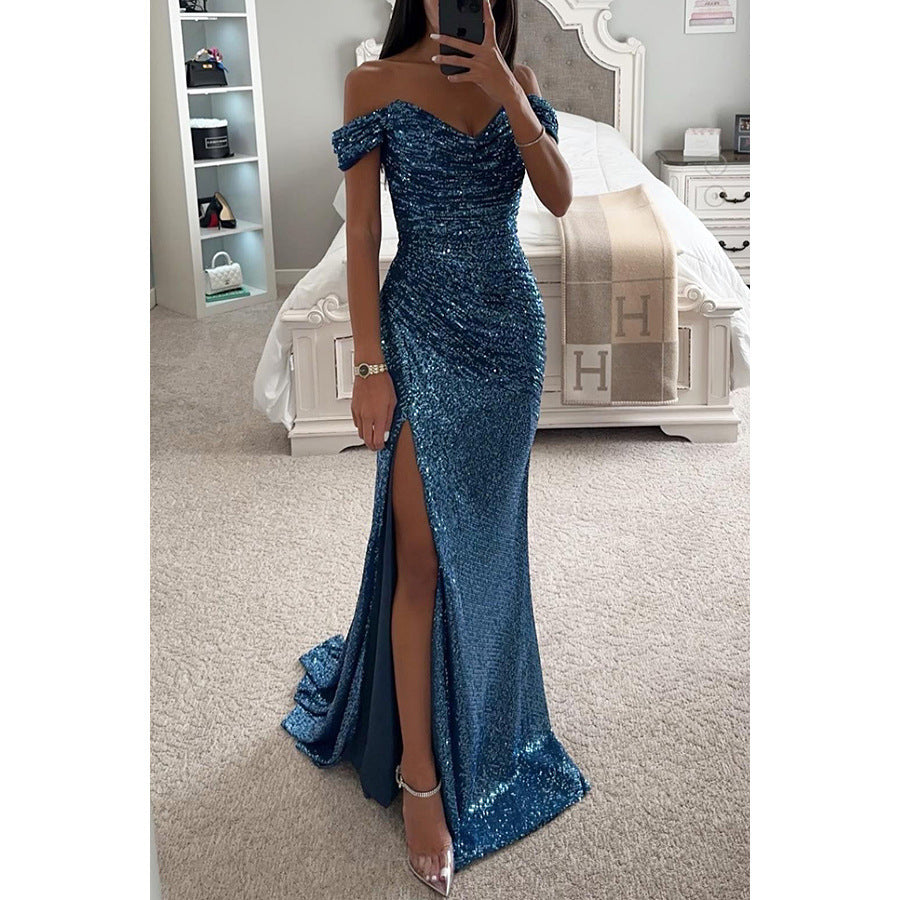 Sommerabendkleid für Frauen - langes, paillettenbesetztes, tief ausgeschnittenes Kleid mit Schlitz für Hochzeit und Party