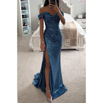Sommerabendkleid für Frauen - langes, paillettenbesetztes, tief ausgeschnittenes Kleid mit Schlitz für Hochzeit und Party