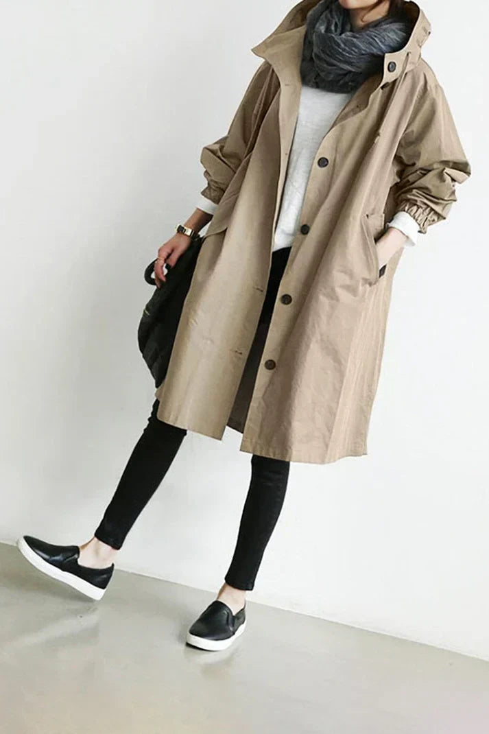 Wasserdichter Damen Trenchcoat mit Capuchon - Lang & Warm