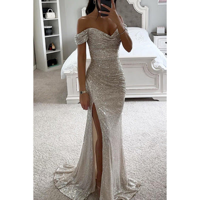 Sommerabendkleid für Frauen - langes, paillettenbesetztes, tief ausgeschnittenes Kleid mit Schlitz für Hochzeit und Party