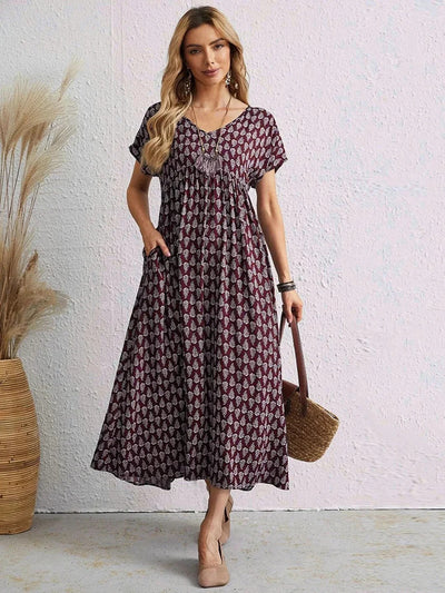 Aganietta - Neues Vintage-Kleid mit V-Ausschnitt aus natürliche Textur und soft-touch-stoff