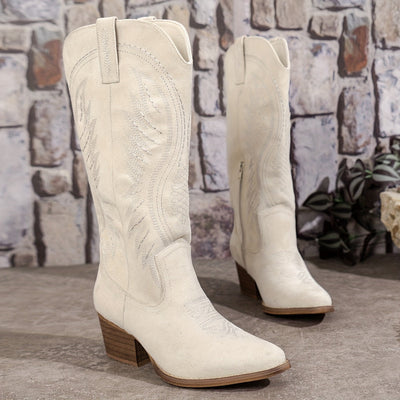 Bestickte Damen-Cowboystiefel mit spitzer Zehe und mittlerem Absatz