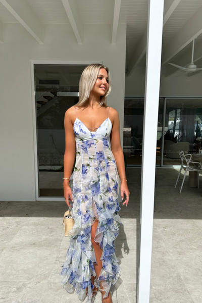 Langes Kleid für Frauen mit Blumenmuster und Volants
