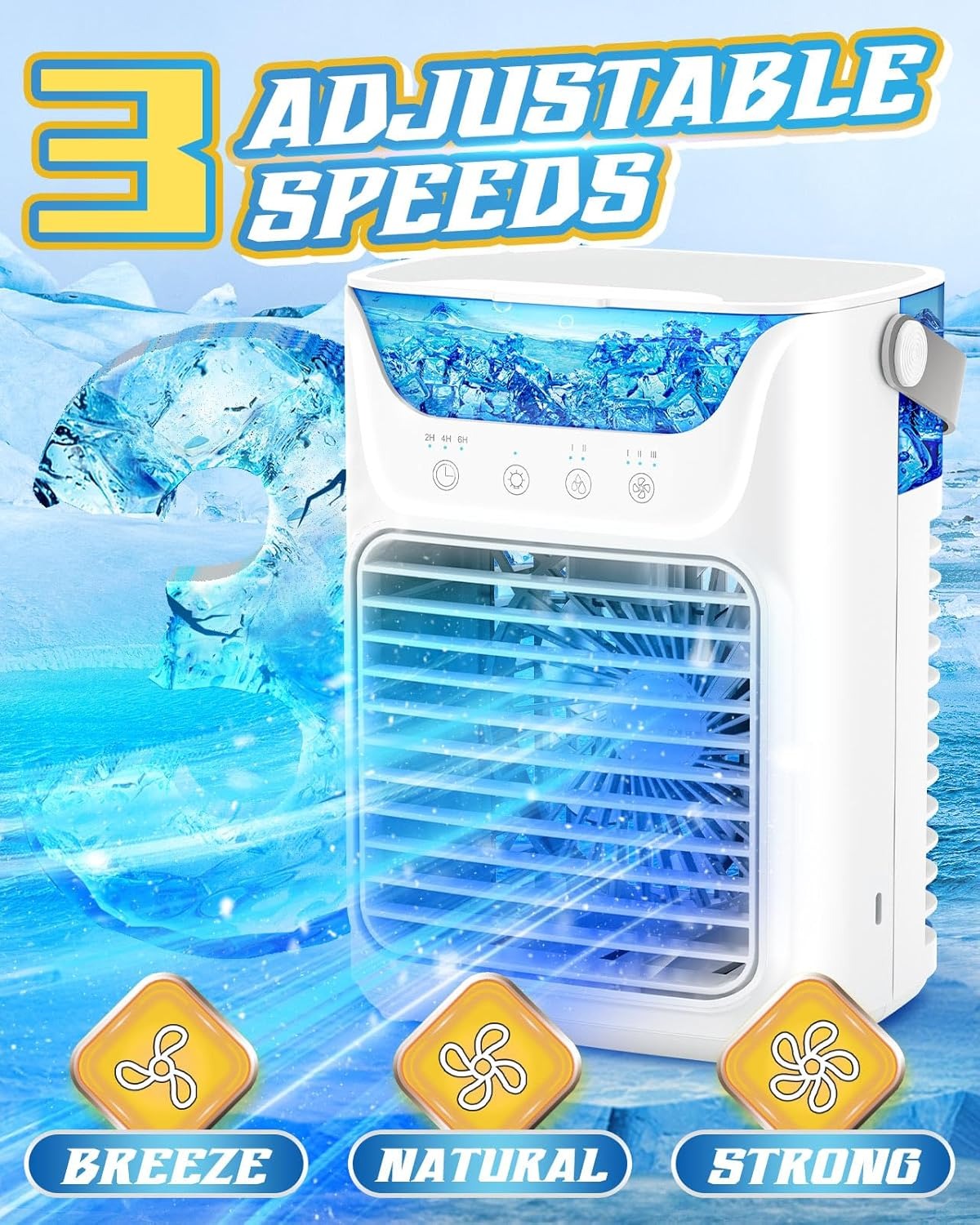 Tragbarer AC-Ventilator mit 3 Geschwindigkeitsstufen und bunter LED-Beleuchtung