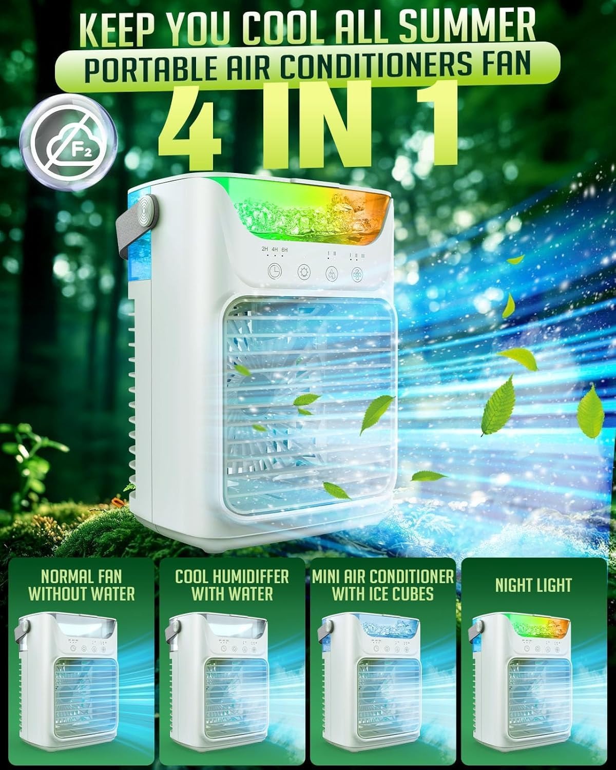 Tragbarer AC-Ventilator mit 3 Geschwindigkeitsstufen und bunter LED-Beleuchtung