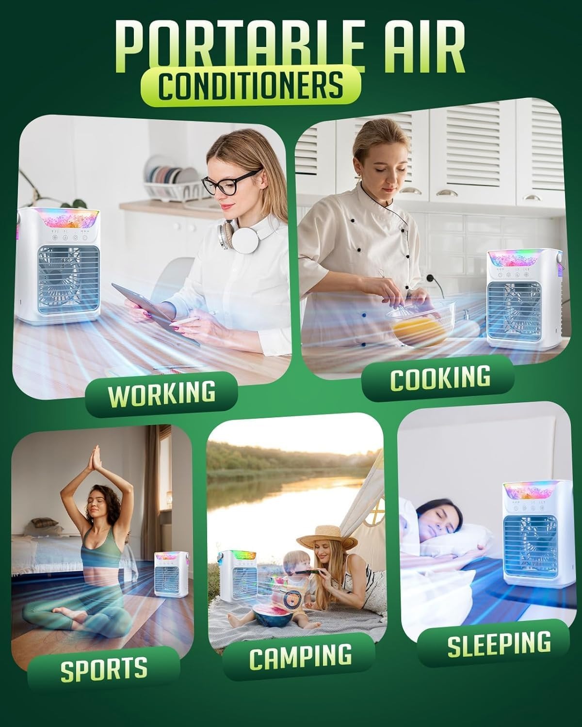 Tragbarer AC-Ventilator mit 3 Geschwindigkeitsstufen und bunter LED-Beleuchtung