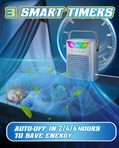 Tragbarer AC-Ventilator mit 3 Geschwindigkeitsstufen und bunter LED-Beleuchtung