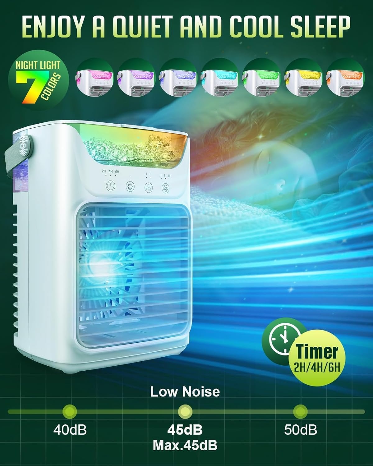 Tragbarer AC-Ventilator mit 3 Geschwindigkeitsstufen und bunter LED-Beleuchtung