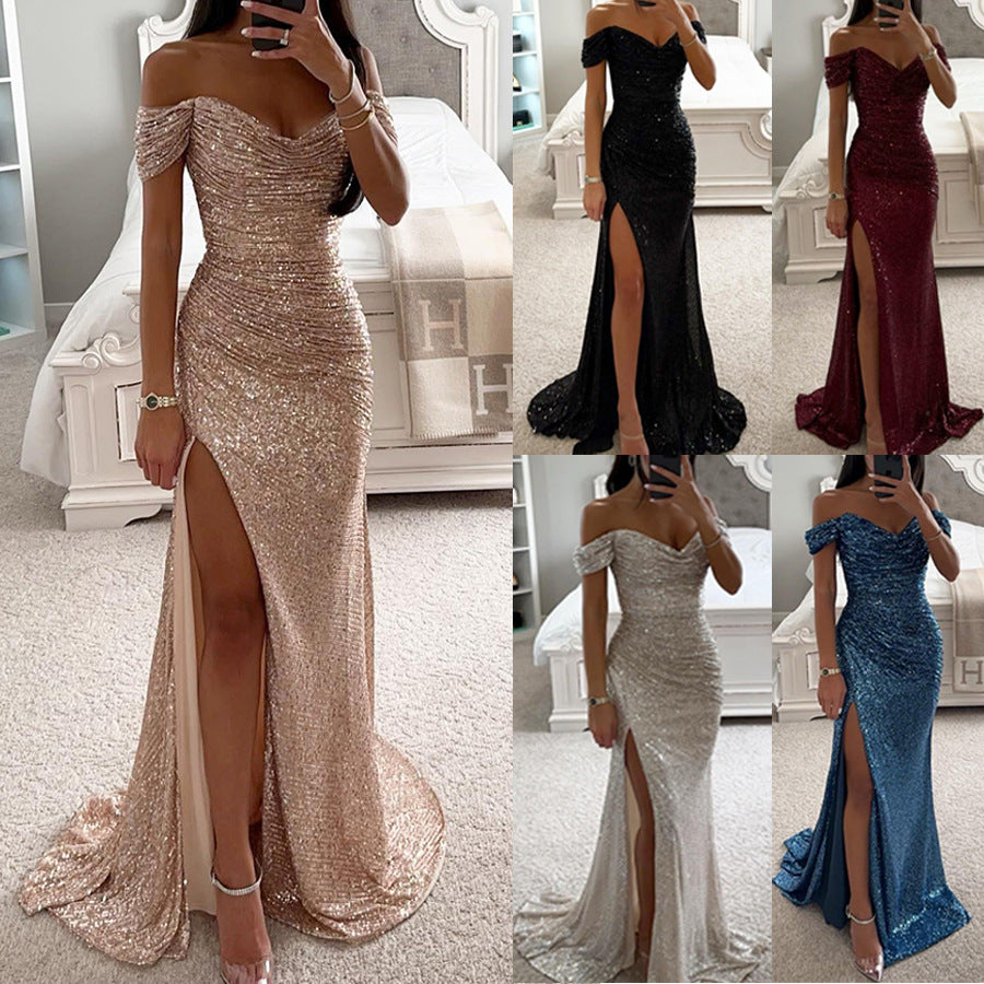 Sommerabendkleid für Frauen - langes, paillettenbesetztes, tief ausgeschnittenes Kleid mit Schlitz für Hochzeit und Party