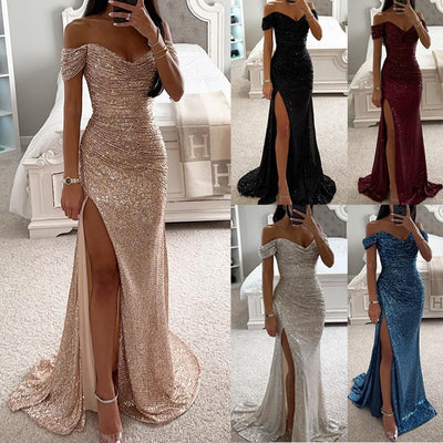 Sommerabendkleid für Frauen - langes, paillettenbesetztes, tief ausgeschnittenes Kleid mit Schlitz für Hochzeit und Party