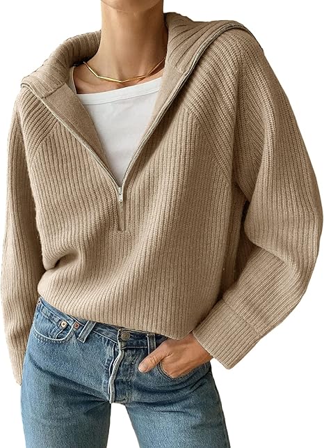 Stretch-Strickpullover mit hohem Halsausschnitt und Reißverschluss