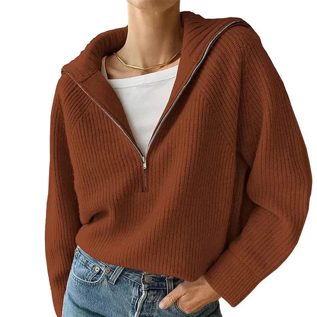 Stretch-Strickpullover mit hohem Halsausschnitt und Reißverschluss