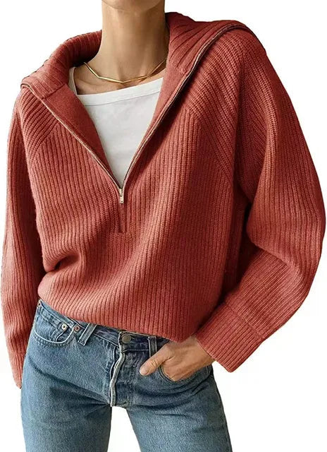 Stretch-Strickpullover mit hohem Halsausschnitt und Reißverschluss
