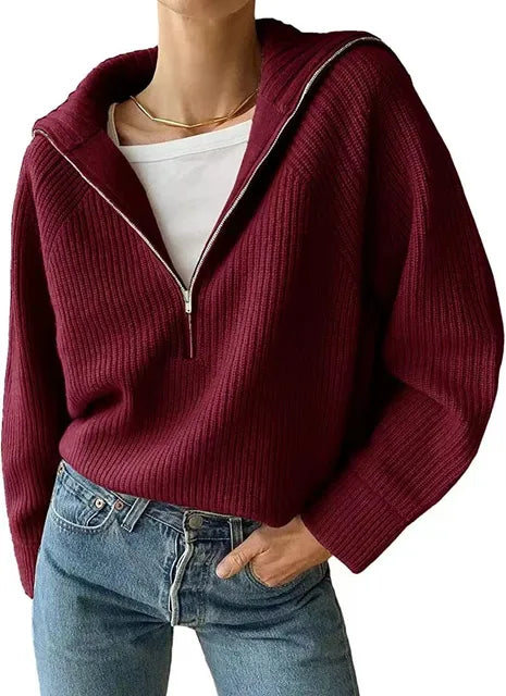 Stretch-Strickpullover mit hohem Halsausschnitt und Reißverschluss