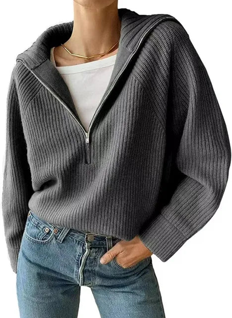 Stretch-Strickpullover mit hohem Halsausschnitt und Reißverschluss