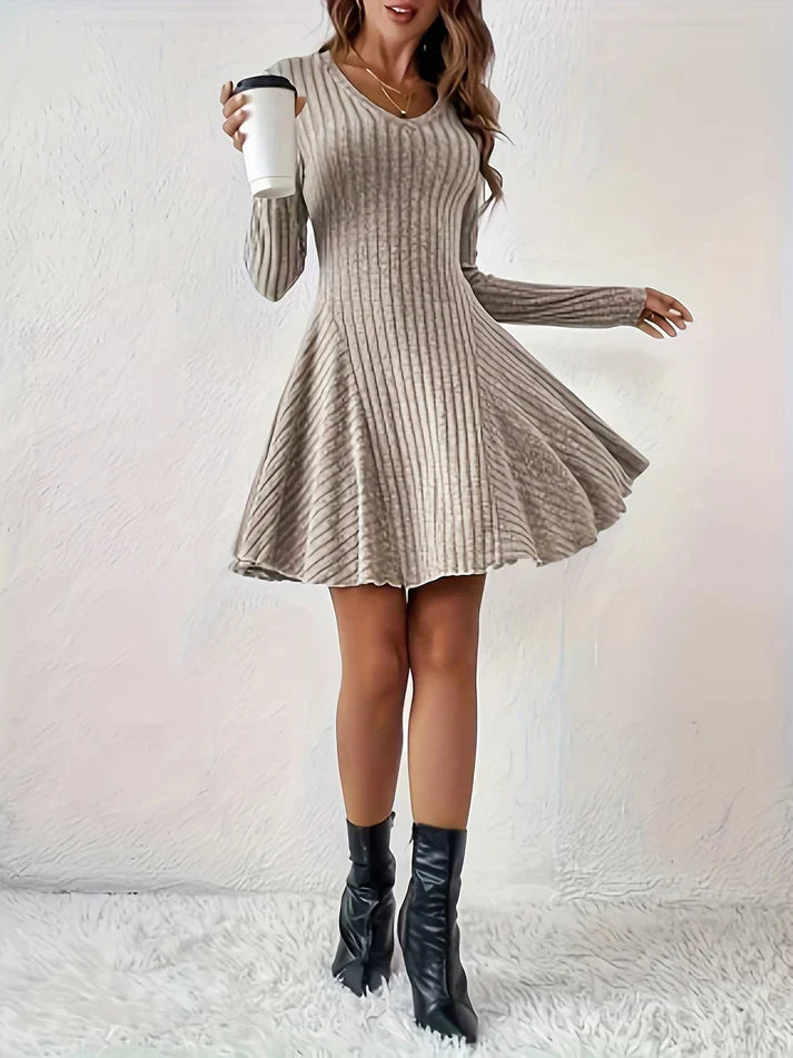 Stilvolles Geripptes V-Ausschnitt A-Linie Langarm Elegantes Kleid Für Damen | Ideal für jeden Anlass