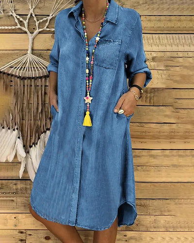 Hemdblusenkleid für Frauen - Lockere Passform - Knopfverschluss - Dreiviertelärmel - Lässiger Look