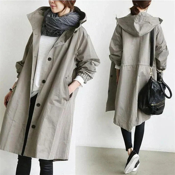Wasserdichter Damen Trenchcoat mit Capuchon - Lang & Warm