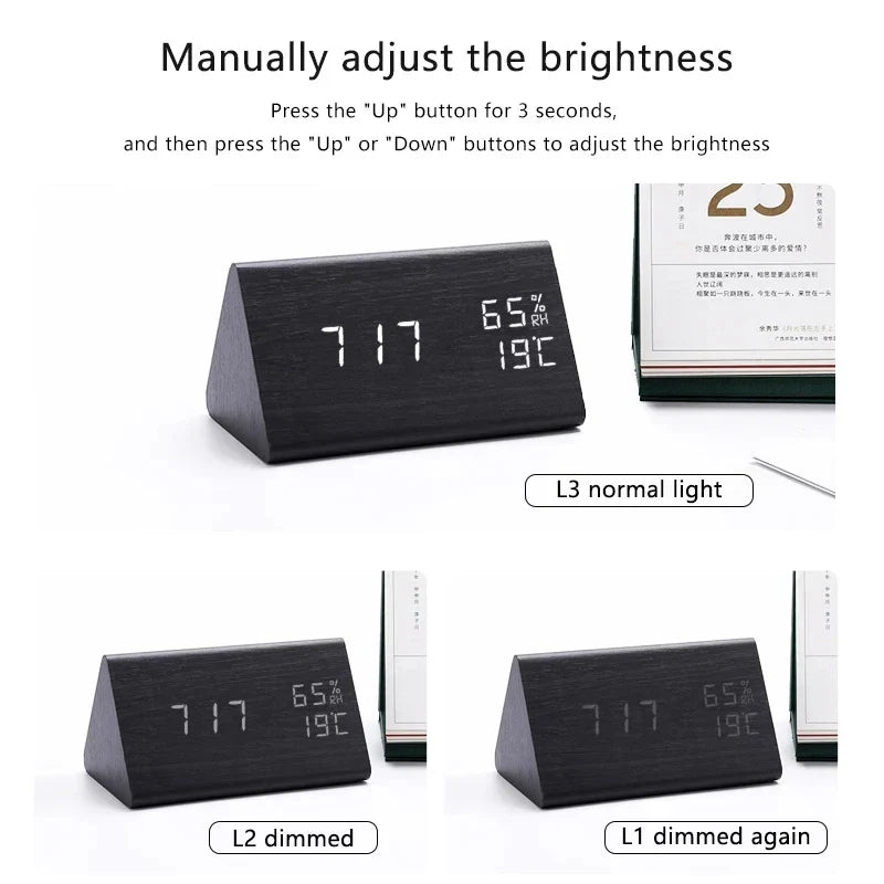 Digitaler Wecker aus Holz - LED-Anzeige, Sprachsteuerung, einstellbare Helligkeit