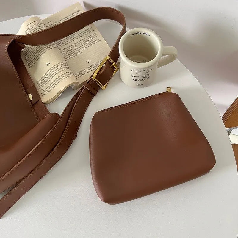 Minimalistische PU Lederhandtasche mit Schulterriemen und Umhängetasche für Damen