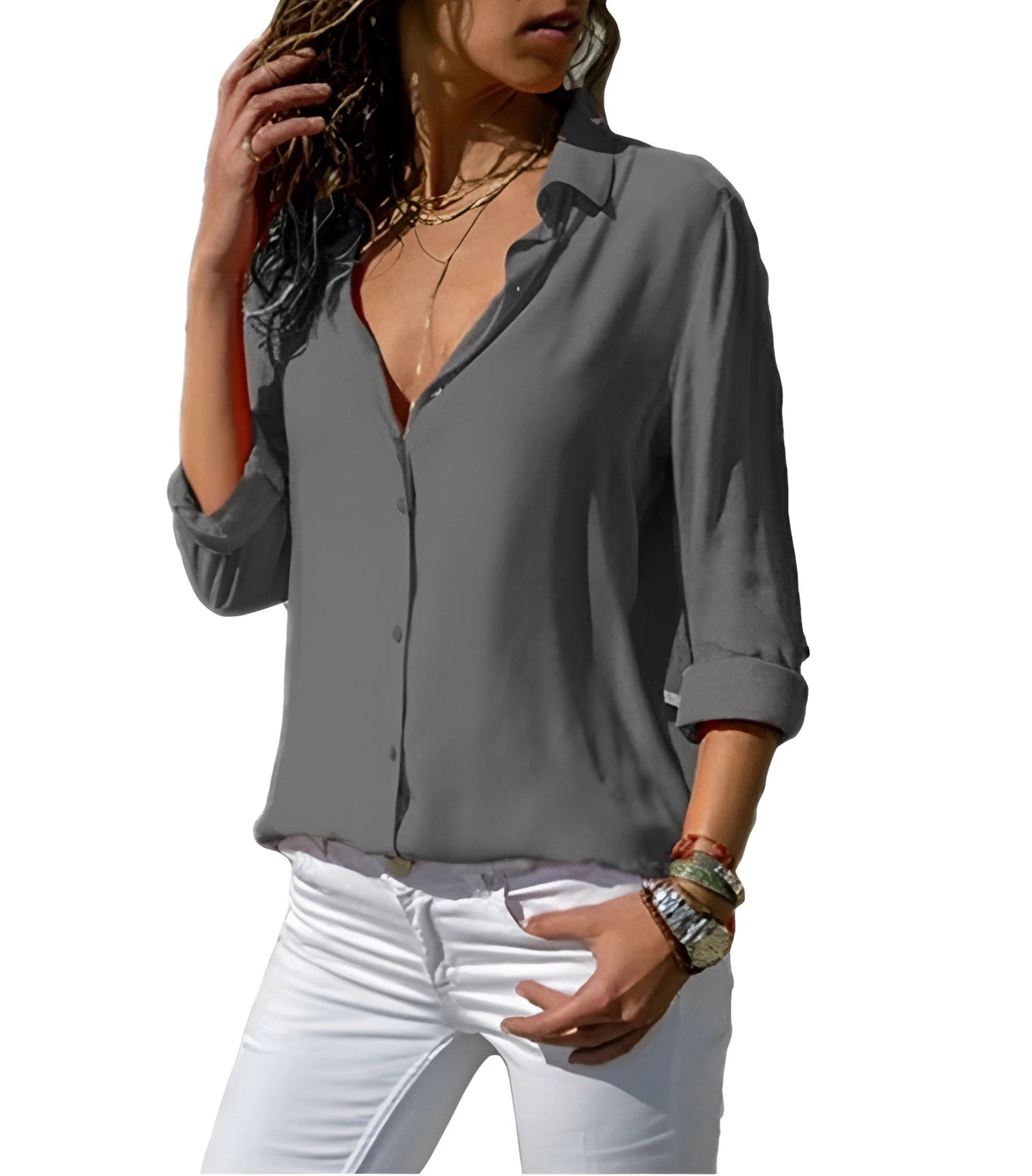 Ivy - glatter, glänzender Stoffnbluse mit langen Ärmeln für Frauen