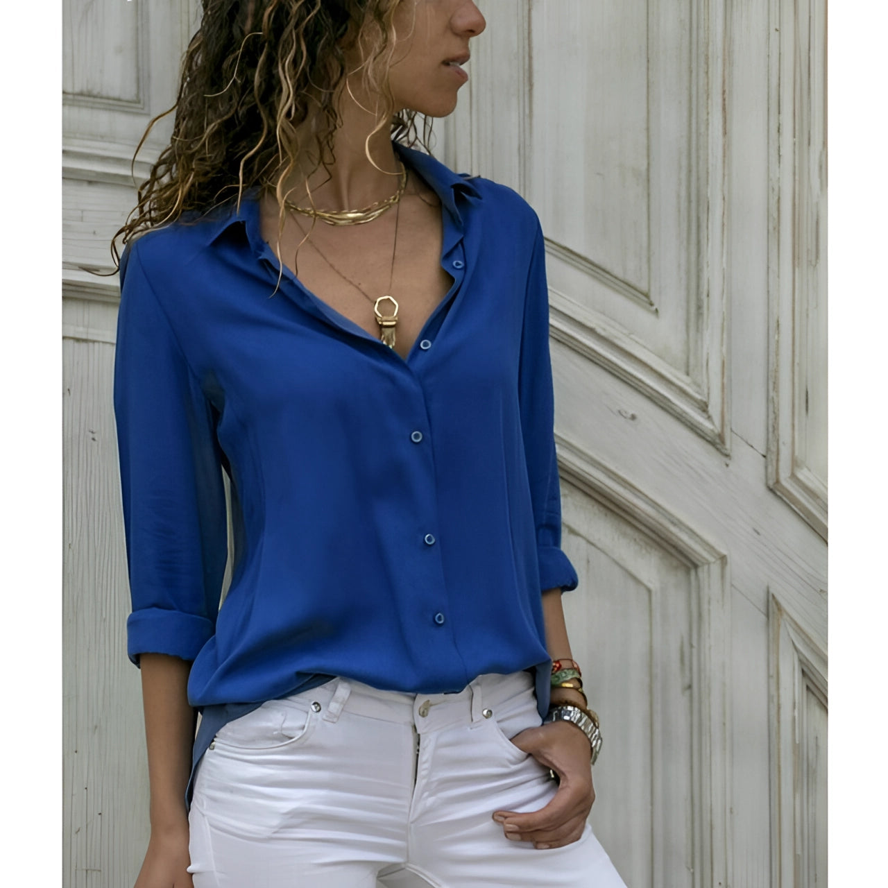 Ivy - glatter, glänzender Stoffnbluse mit langen Ärmeln für Frauen