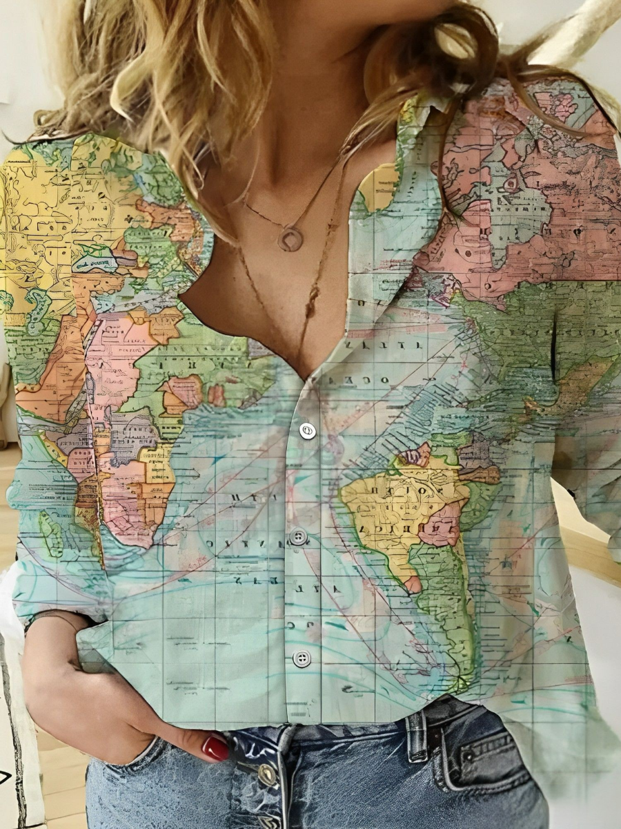 Janet - Globe Weltkarte Bedrucktes Hemd