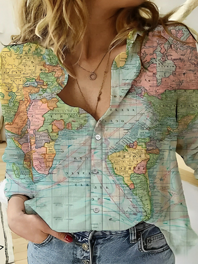 Janet - Globe Weltkarte Bedrucktes Hemd